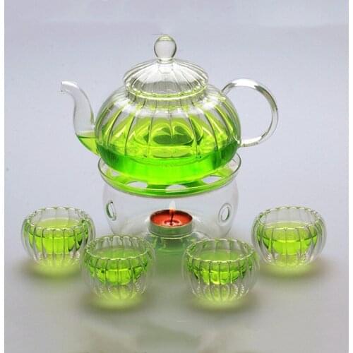 600ml Striped Heat-resistant Glass Teapot Set 6pcs/set Glass Warm holder 50ml Double-wall Glass Cup Home Office Tea Tools