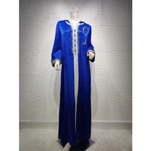 Arabic Middle East Clothing Ramadan Eid 2021 Muslim Diamond Hooded Abaya Blue Dress for Women Moroccan Kaftan Dubai Jalabiya