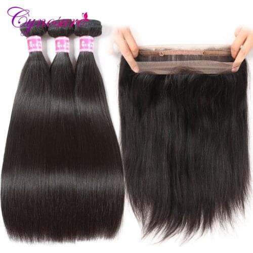 Cynosure Pre Plucked 360 Lace Frontal with Bundle Natural Color Brazilian Straight Human Hair 3 Bundles with Closure Remy Hair