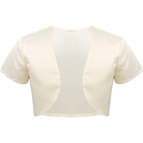 Kids Girls Short Sleeve Formal Flower Solid Color Satin Open Front Bolero Short Jacket Matching Flower Girl Party Dress Cover Up