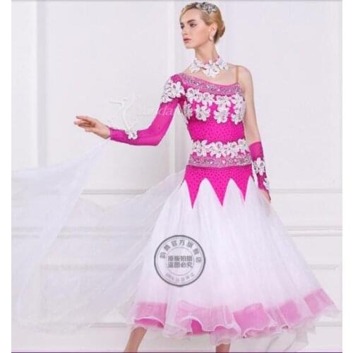 Customize elegant pink white puff Fox trot Waltz tango salsa competition ballroom dance dress with Flower necklace