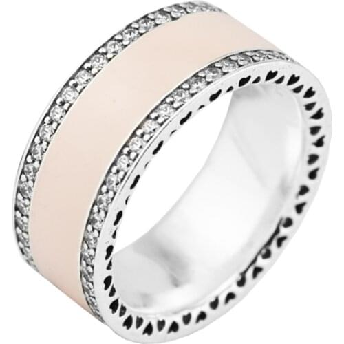 Hearts Rings with Soft Pink Enamel & Clear CZ 100% 925 Authentic Sterling Silver Fine Jewelry Free Shipping