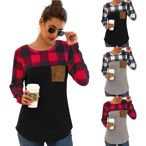 Long Sleeves Basic Plaid Womens T-Shirts with Pocket Autumn O-Neck Patchwork Female Fashion Tops Fall Lady Clothing Plus Size