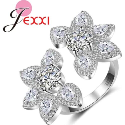 Hot Sale 925 Sterling Silver Zircon Ring Delicate White Flower Rhinestone Shape Fashion Double Blossom Bijoux Women Loop