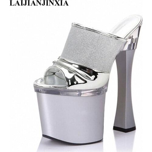 LAIJIANJINXIA New Transparent High Heels Sandals 18cm High-Heeled Shoes Sexy Hand Made Stripper Shoes Platform Womens Slippers