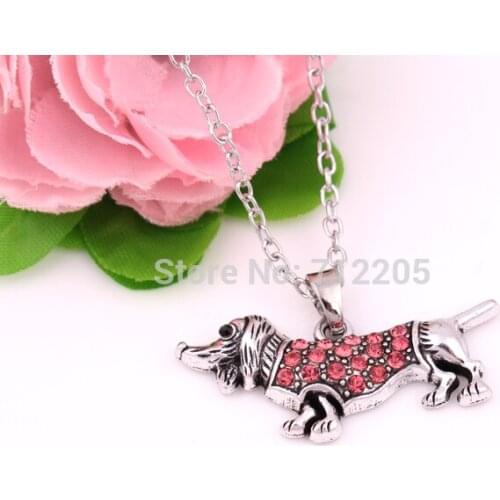 Antique silver plated zinc studded with sparkling crystals Dachshund Crystal Dogs Animal chain necklace