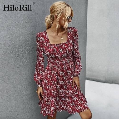 HiloRill Chic Women A-line Printed Mini Dresses 2021 Spring Long Sleeve Elegant Party Dress Square Collar Ladies Retro Dress