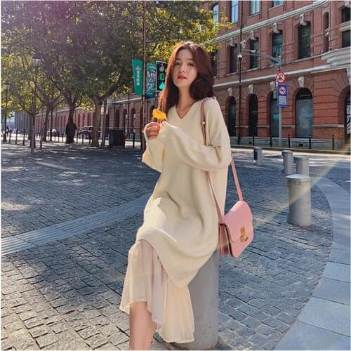 Dress for women Casual V-neck Loose Women Sweater Dress Elegant Autumn Winter Dress Ruffles Patchwork Female Long Knitted plus