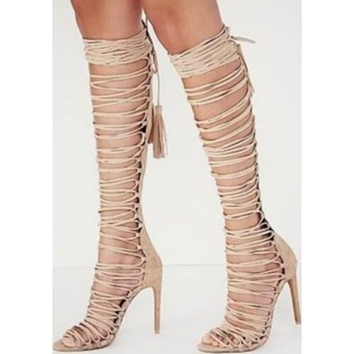 Roman Tie Up Sandals Tassel Crisscross Open Toe Cover Thin High Heels Open Toe Cut Out Runway Ladies Sheos Summer Boots Shoes