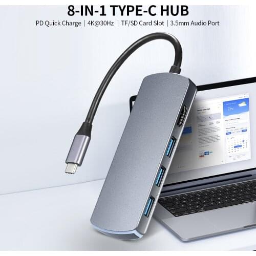 Type-C 8-in-1 Hub Type-C to HD Adapter 4K@30Hz/USB3.0/87W PD Quick Charge/TF&SD Card Reader/OTG Function/3.5mm Audio Output Grey