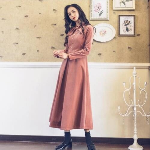 Spring Fashion brand retro Corduroy fabric single breasted dress female college style high waist dress with bow wq966 dropship