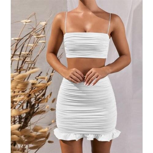 Sexy Two Piece Set Women Dress White Spaghetti Strap Lotus Leaf Summer Off Shoulder Dress Black Pleated Office Dress Sukienka