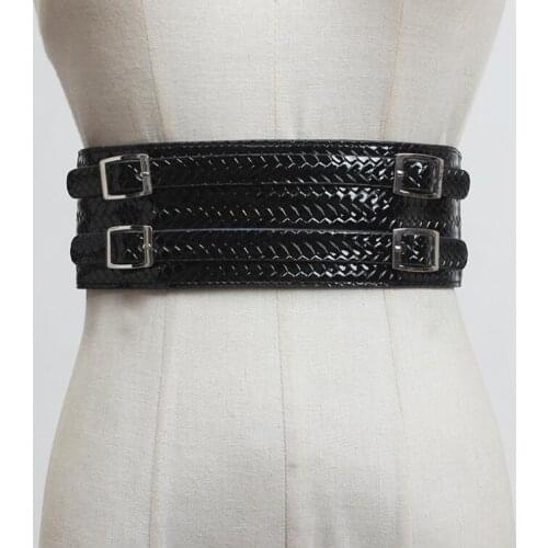 Womens runway fashion knitted pu leather elastic Cummerbunds female Dress Corsets Waistband Belts decoration wide belt R3081