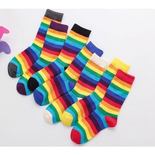 1 Pairs New Color Stripe Middle Sleeve Socks Cotton Womens Leisure Middle Sleeve Rainbow Socks Warm Trend in Autumn and Winter