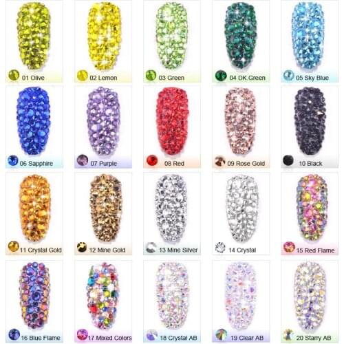 1 Pack Flatback Glass Nail Rhinestones Mixed Sizes 20 Colors Nail Art Decoration Stones Shiny Gems Manicure Accessories SS4-SS16