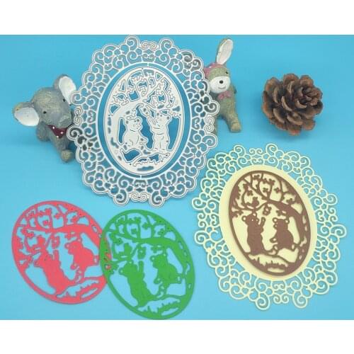 2 oval bears, hollowed-out lace photo frame background, metal cutting die DIY collection photo album decoration