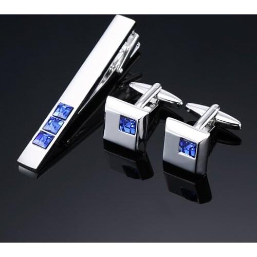 2018 High Quality Classic Cuff links necktie clip for tie pin for mens gift Blue Crystal tie bar cufflinks tie clip set Jewelry