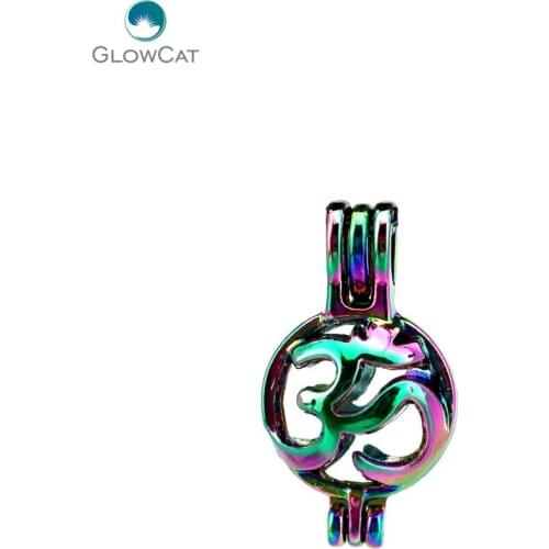 C531 5pcs/lot Rainbow Color 25mm Yoga Om Sign Pearl Beads Cage Locket Pendant Pearl Locket Fairytale Party