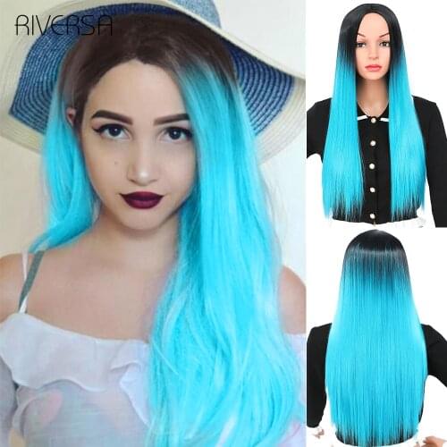 Long Synthetic Wigs 24inch Ombre Blue Pink Brown Grey Silver Colored Wig Middle Part Heat-resistant Fiber Cosplay Wigs Riversa