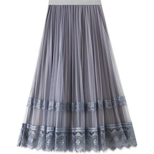 2020 Autumn Women Skirts New England High Waist Mesh Skirt Work Lace Patchwork Pleated Skirts Wear Both Sides