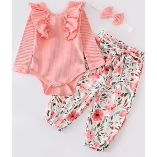 3Pcs Cute Baby Girls Clothes Newborn Infant Long Sleeve Pink Rompe Tops Casual Floral Pants Headband For Toddler Clothing