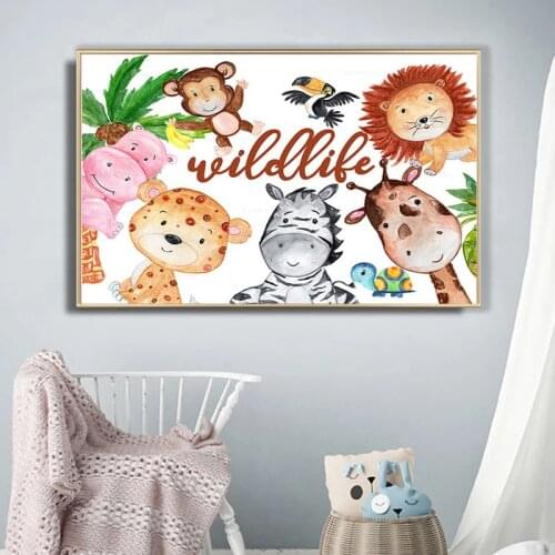 Cartoon Animals Car Poster Kids Nursery Bedroom Wall Art Print Green Leaf Lion Zebra Giraffe Elephant Canvas Painting Decoraion