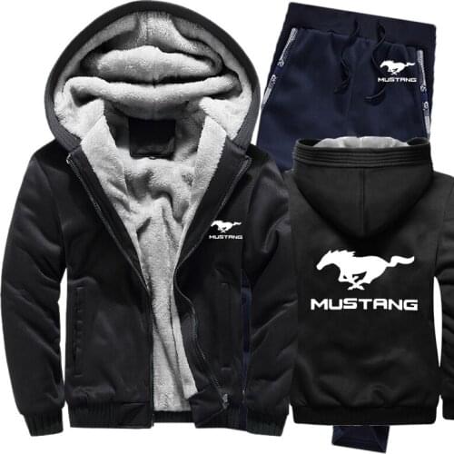 Hoodies Men Mustang Car Logo Mens Hoodies Suit Winter Thicken Warm Fleece cotton Zipper Tracksuit Mens Jacket+Pants 2Pcs Sets