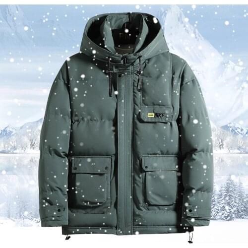 2021 New Winter Men Parka Big Pockets Casual Jacket Hooded Solid Color Mens Thicken Warm Hooded Down Outwear Coat Windproof