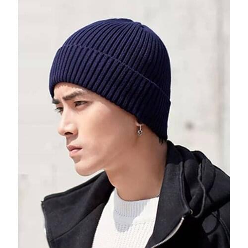 New 2021 Autumn Mens Knitted Hat Short Large Size Hip Hop Solid Bonnet Warm Beanie for Men Retro Brimless Baggy Melon Cap Skull