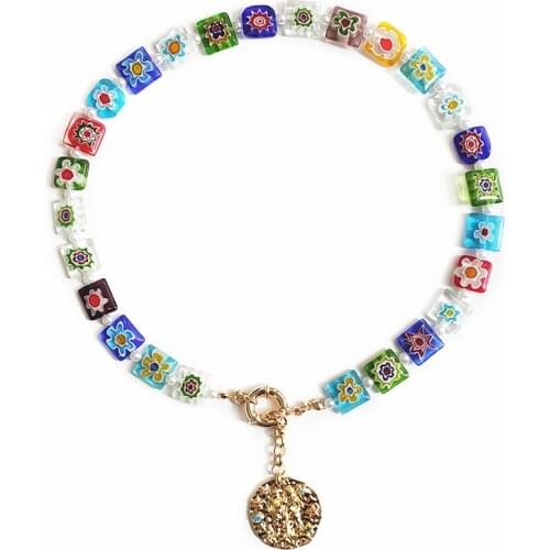 Boho Millefiori Crystal Beads Necklace For Women Gold-color Coin Pendant Choker 2020 Winter New Accessories Christmas Gifts