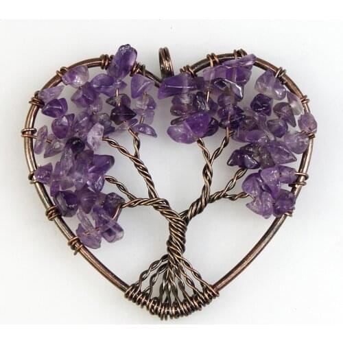 Healing Chakra Crystal Natural Purple Stone Tree of Life Wire Wrapped Pendant Necklace Reiki Jewelry Wholesale