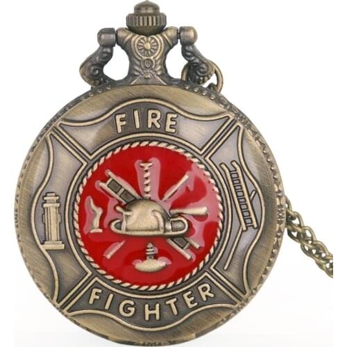 Top Brand Red Fire Quartz Pocket Watches Vintage Bronze Fire Fighter Pocket Watches Unisex Pendant Gift Necklace for Mens Womens