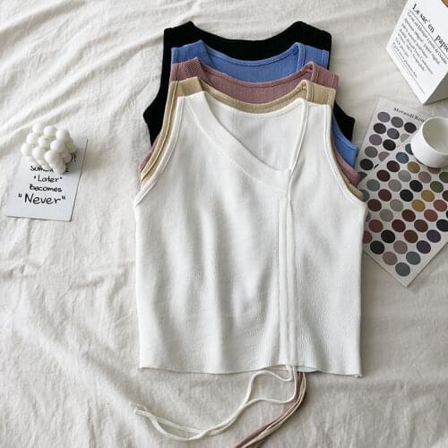 V-neck summer knitted vest top sleeveless ladies sexy drawstring design camisole T-shirt white strapless ribbed vest casual