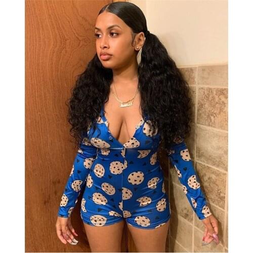 Sexy Deep V Neck Womens Lady Sexy Bodysuit Floral Print Bodycon Jumpsuit Romper Long Sleeve Shorts Leotard Playsuits