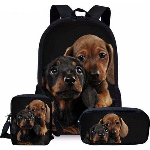3Pcs Schoolbag for Girls Boys Cute 3D Dachshund Dog Print School Bag Children Kids Book Bags Primary Student Bookbags Bagpack