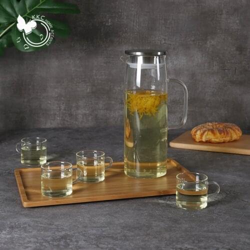 Heat-Fesistant Glass Cold Water Bottle Kettle Transparent Large-Capacity teTapot Kettle Four Cups a Bamboo Holder Kettle Set