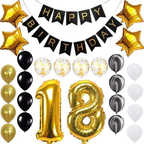 On Sale 18 20-year-old Black and Golden Birthday Party Hanging Flag Latex Digital Aluminum Balloon Decoration Set Childrens Day