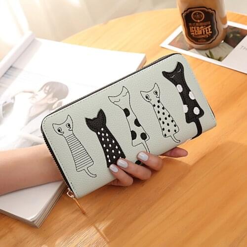 Womens Wallets Purses Cat Cartoon PU Leather Long Wallet Zipper Phone Bag Money Coin Pocket Card Holder Female Wallet Purse