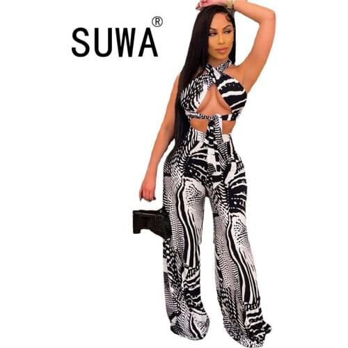 Women Sexy Office Jumpsuit Classic Print Halter Sleeveless Long Wide Leg Rompers Chic Ladies Jumpsuit Beachwear Wholesale