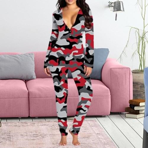 Women V Neck Jumpsuit Pajamas Long Sleeve Button Sleepwear Long Sleeve Casual Home Wear Comfortable Sleep Suits