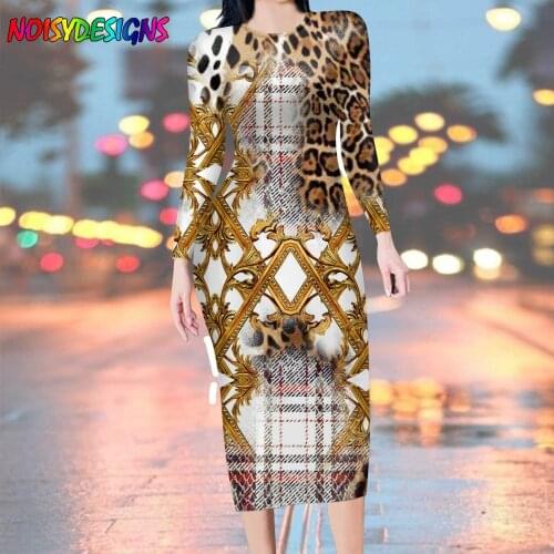 NOISYDESIGNS Women O-neck Long Dress Long Sleeve Leopard Gold Chain Printed Ladies Robes Slim Pencil Dresses Vestidos Mujer