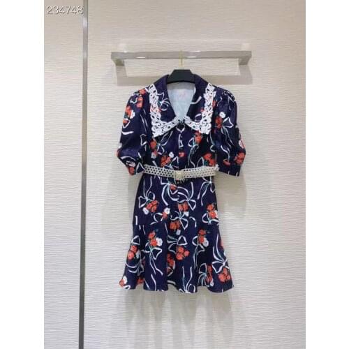 New 2021 Autumn Fashion Runway Mini Dress Women Half Sleeves Belt Charming Flowers Printing Elegant Dress