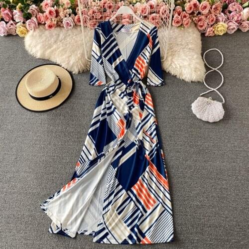 Womens Spring Summer Runway Fashion Casual Loose Geometric Print Dress Female Travel Chic Sunscreen Beach Dress TB489