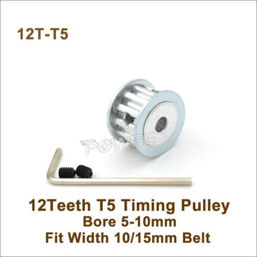 POWGE 12 Teeth T5 Timing Pulley Bore 5-8mm Fit W=10/15mm T5 Synchronous Belt 12T 12Teeth T5 Timing Belt Pulley 12-T5