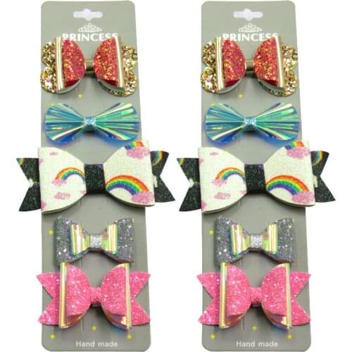 10PCS/SET Pretty Rainbow Baby Girls Clips Leather Bow Child Tie Knot Creativity Handmade Hairpins Hair Accessories For Kids 2021