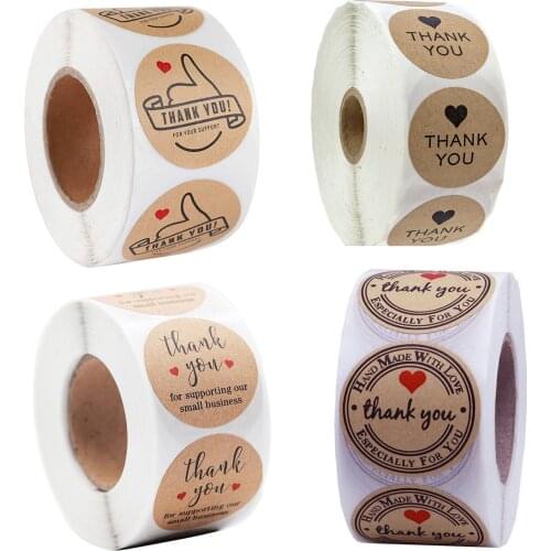 500pcs/Roll Kraft Paper Sticker Round 'Thank You' Seal 2.5cm/0.98inch Labels Fancy Font Scrapbooking Adhesive Heart Thumbs up