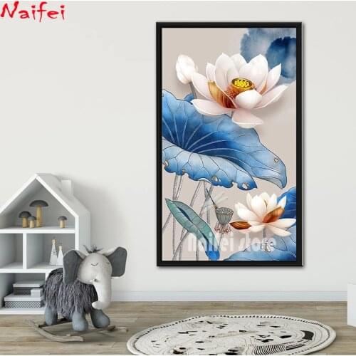 5D DIY Diamond Painting Lotus Flower White Flowers Pattern Full Square Round Drill Rhinestones Drawing Home Mosaic Decor Gift