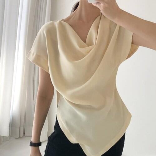 Blusas 2021 Korean Chic Office Lady French Irregular Batwing Sleeve Blouse Elegant Bright Yellow Grey Color Slim Shirts 14524
