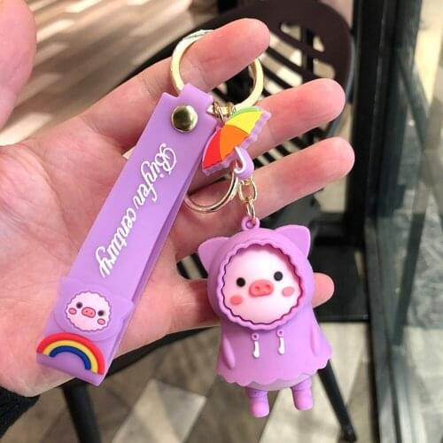 PVC Cartoon Raincoat Pig Doll Metal Keychain Pink Yellow Blue Trinket Girl Boy Pendant Bag Car Key Ring Jewelry Lanyard Gift