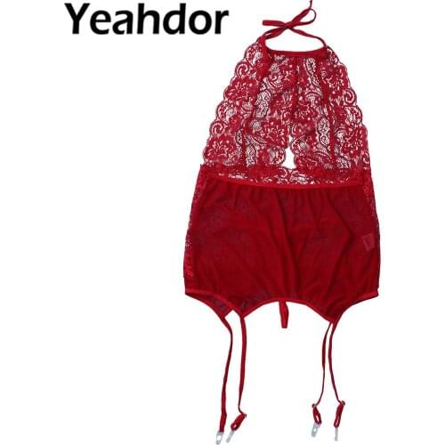 L-4XL Women Sexy Lingerie Suit See-through Lace Halter Neck Backless Tops and G-String Briefs Thong Set Underwear Nightwear